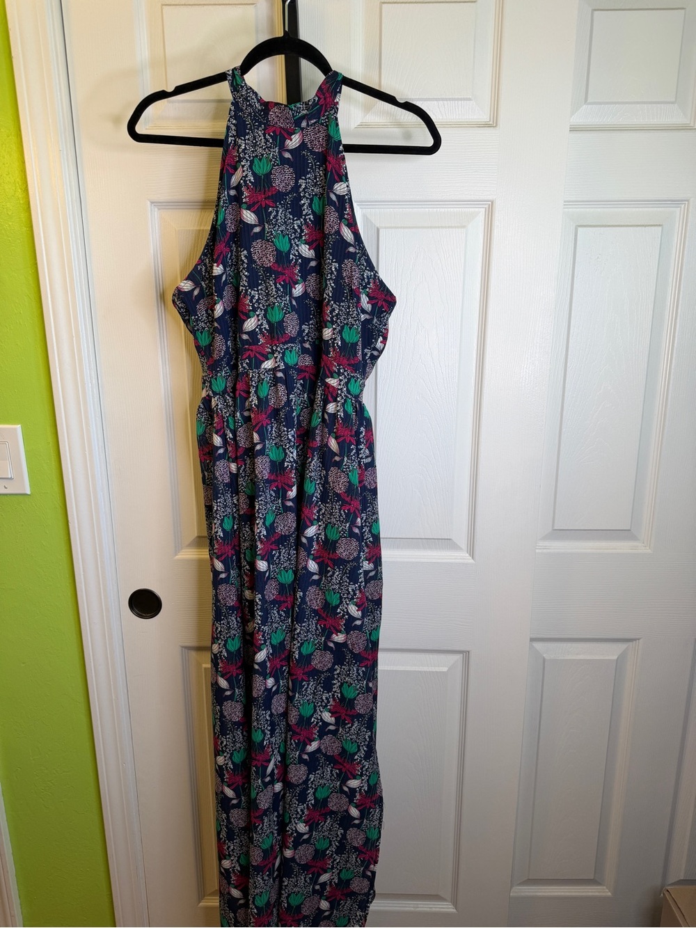Navy Tropical Print Halter Maxi Dress, size Large